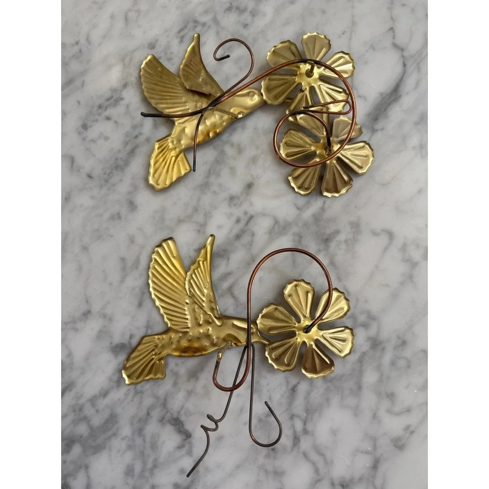 Vintage Brass Hummingbird Flower Wall Art Set Mid Century Gold Metal Decor 2pc